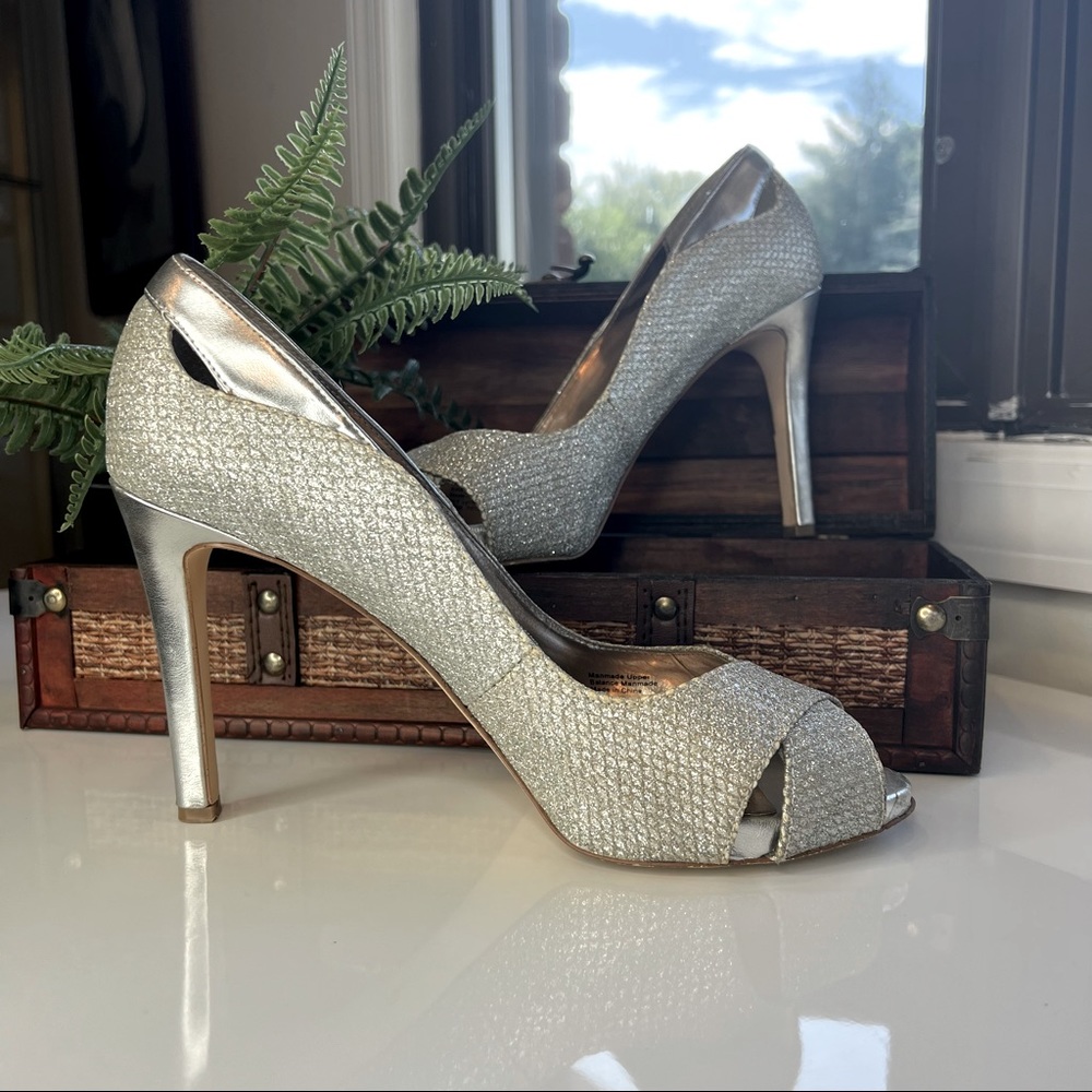 Alfani silver glitter open toe pumps. Size 8.5